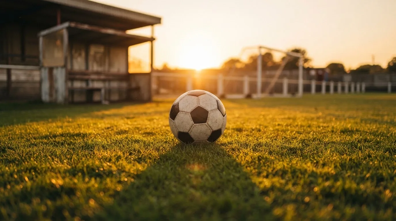 Ein Fußball auf einem Rasenplatz im Gegenlicht der tiefstehenden Sonne, am Rand eine leere Ersatzbank.