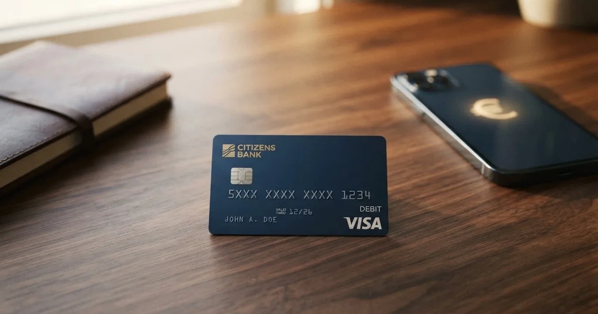 Eine Plastikkarte ohne Aufdruck liegt auf einem Holztisch neben einem Smartphone mit dunklem Bildschirm und einem Notizbuch.