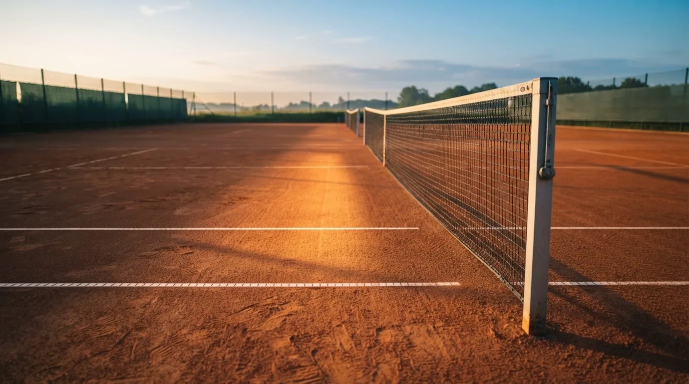 Ein Tennisplatz bei Sonnenaufgang, Netz und Linien im Streiflicht, ohne Menschen.