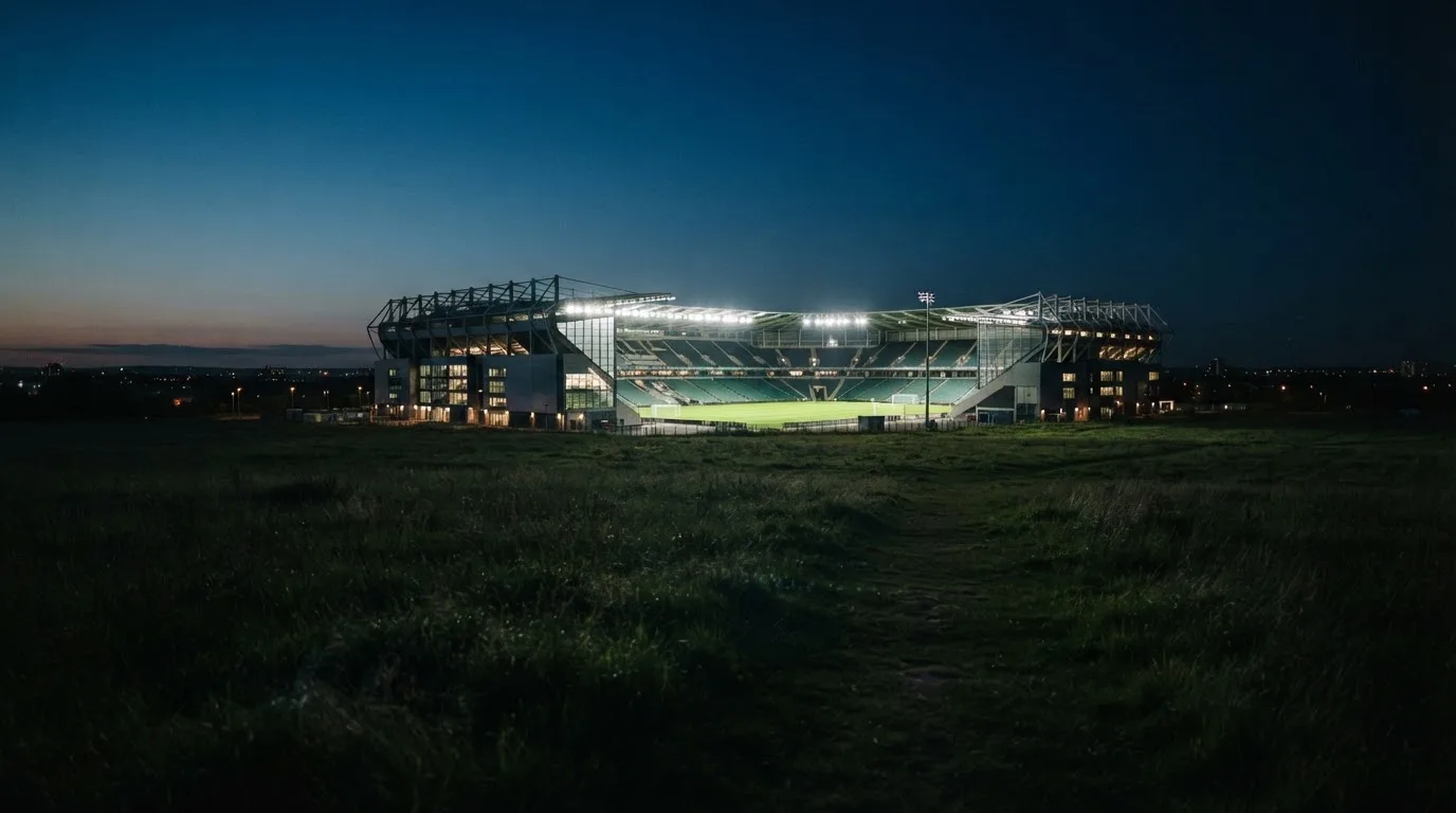 Ein Stadion unter Flutlicht aus der Ferne gesehen, im Vordergrund ein leeres Feld in der Dämmerung.
