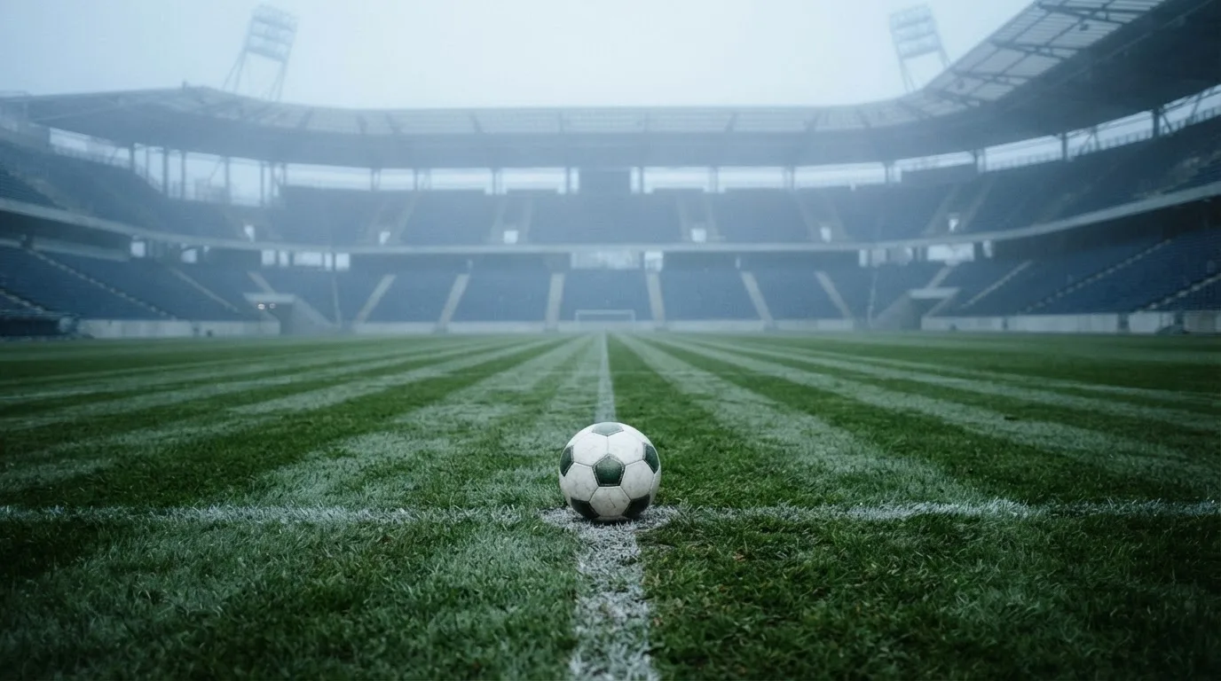 Ein Fußball liegt auf dem Anstoßpunkt eines leeren Rasenplatzes, im Hintergrund hängt Morgendunst über den Tribünen.