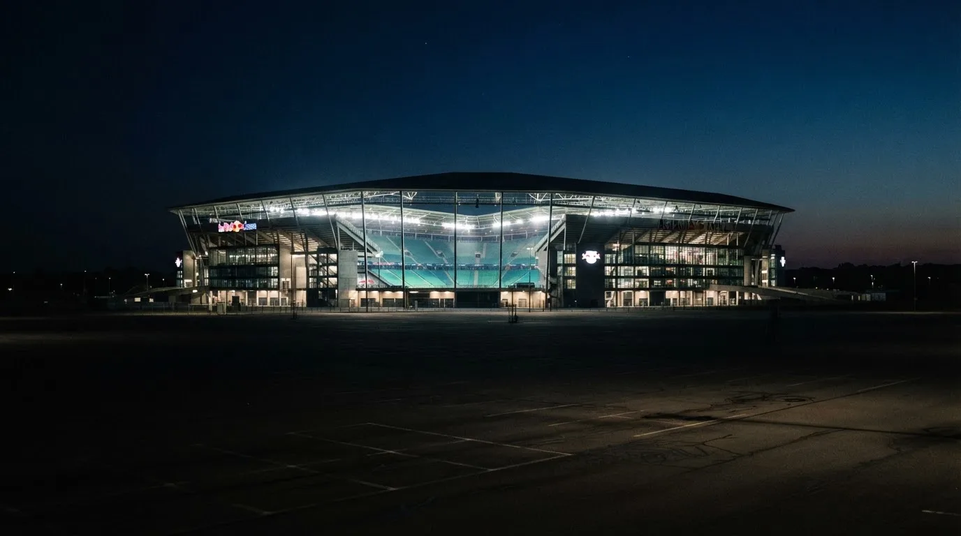 Ein Fußballstadion unter Flutlicht, aus großer Entfernung bei Einbruch der Dunkelheit gesehen, davor ein leerer Parkplatz.