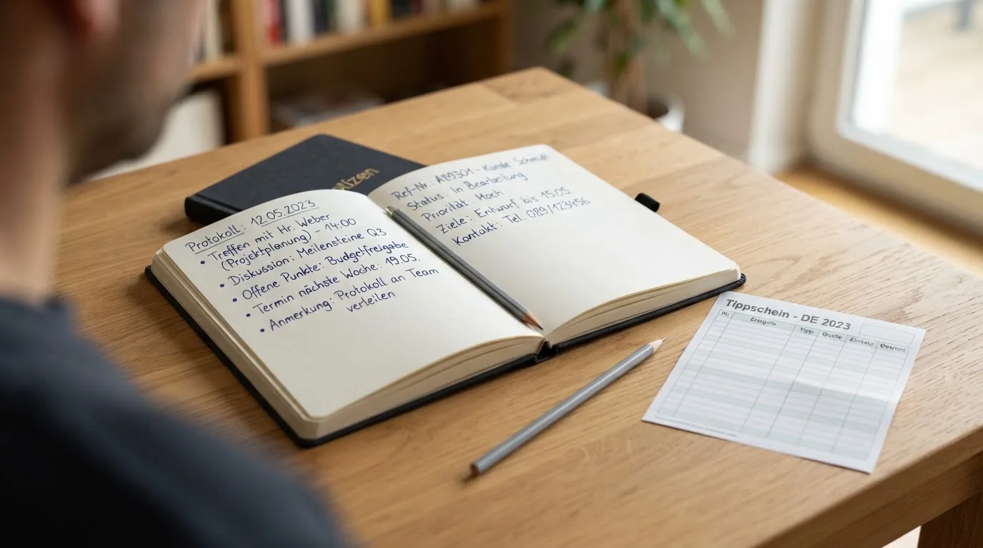 Ein Notizbuch mit handschriftlichen Notizen liegt aufgeschlagen neben einem leeren Papier-Wettschein auf einem Holztisch.