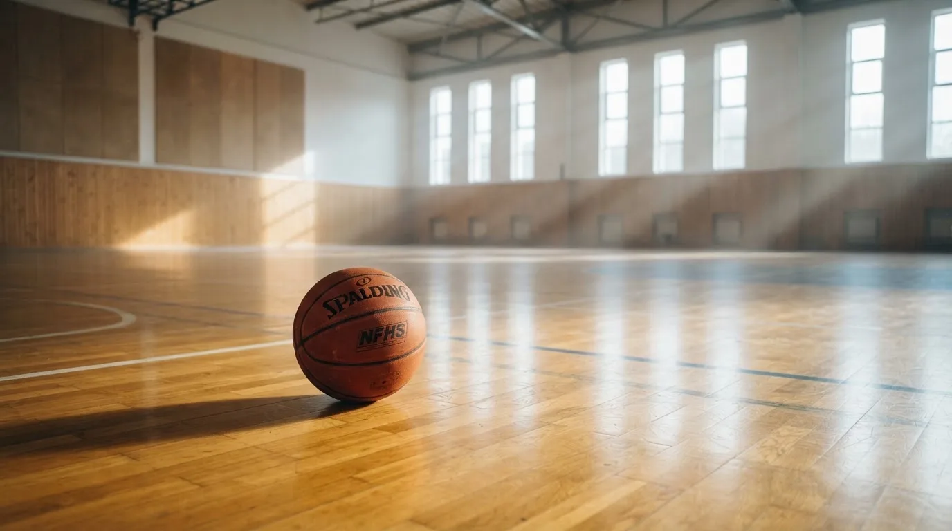 Ein Basketball liegt auf dem Parkett einer leeren Halle, Licht fällt durch hohe Fenster.