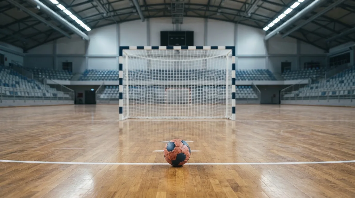 Ein Handball liegt in einer leeren Halle auf dem Boden vor dem Tor.