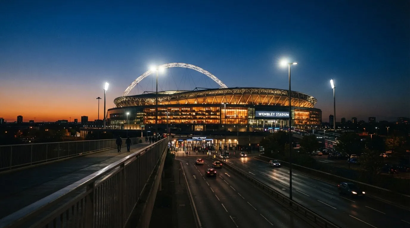 Ein Stadion bei Dämmerung mit eingeschalteten Flutlichtmasten, von einer Brücke aus aufgenommen.