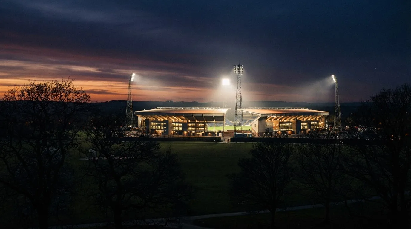 Ein Stadion unter Flutlicht aus großer Entfernung, davor die Silhouetten von Bäumen im Abendhimmel.