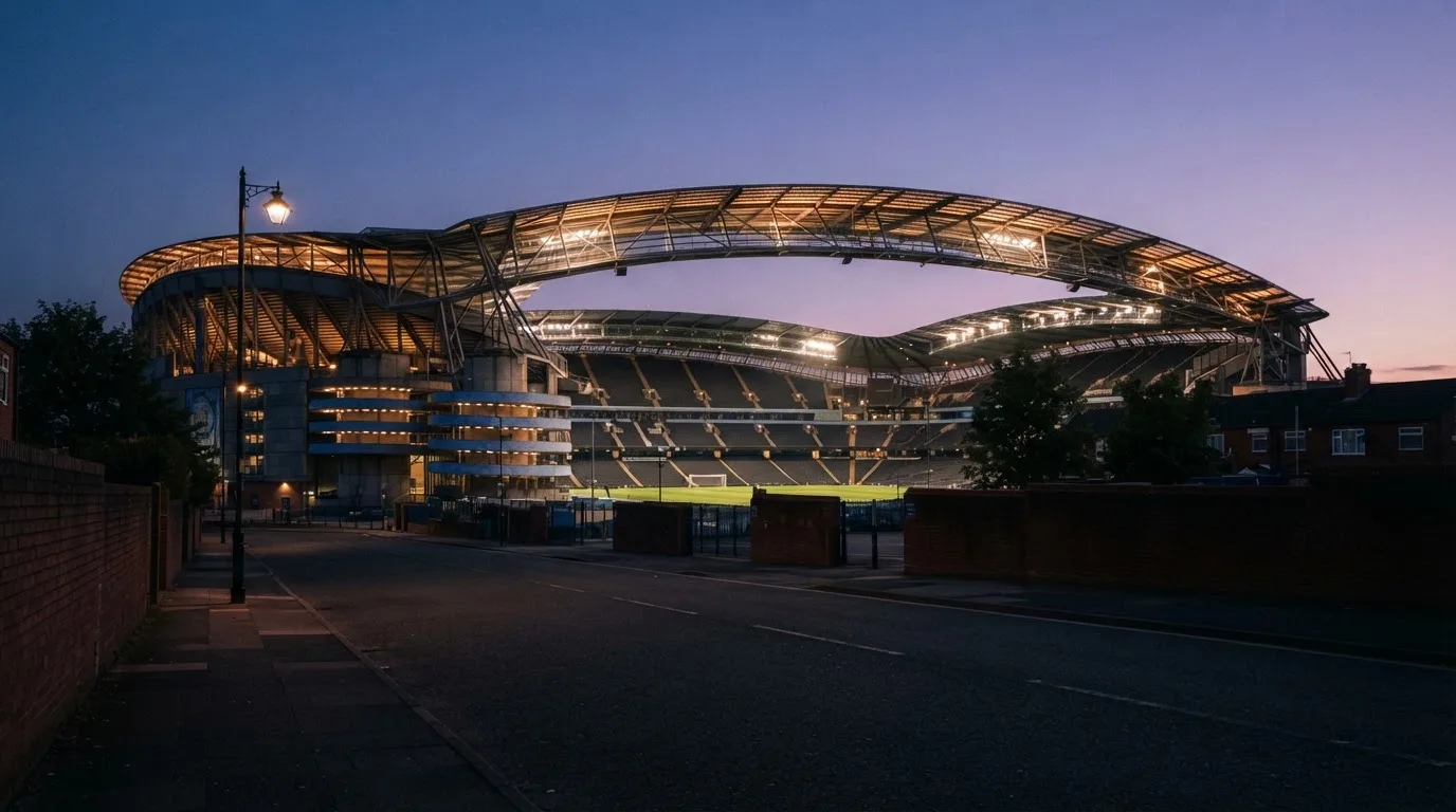 Ein Stadion aus der Ferne bei Flutlicht, davor eine ruhige Straße in der Abenddämmerung.