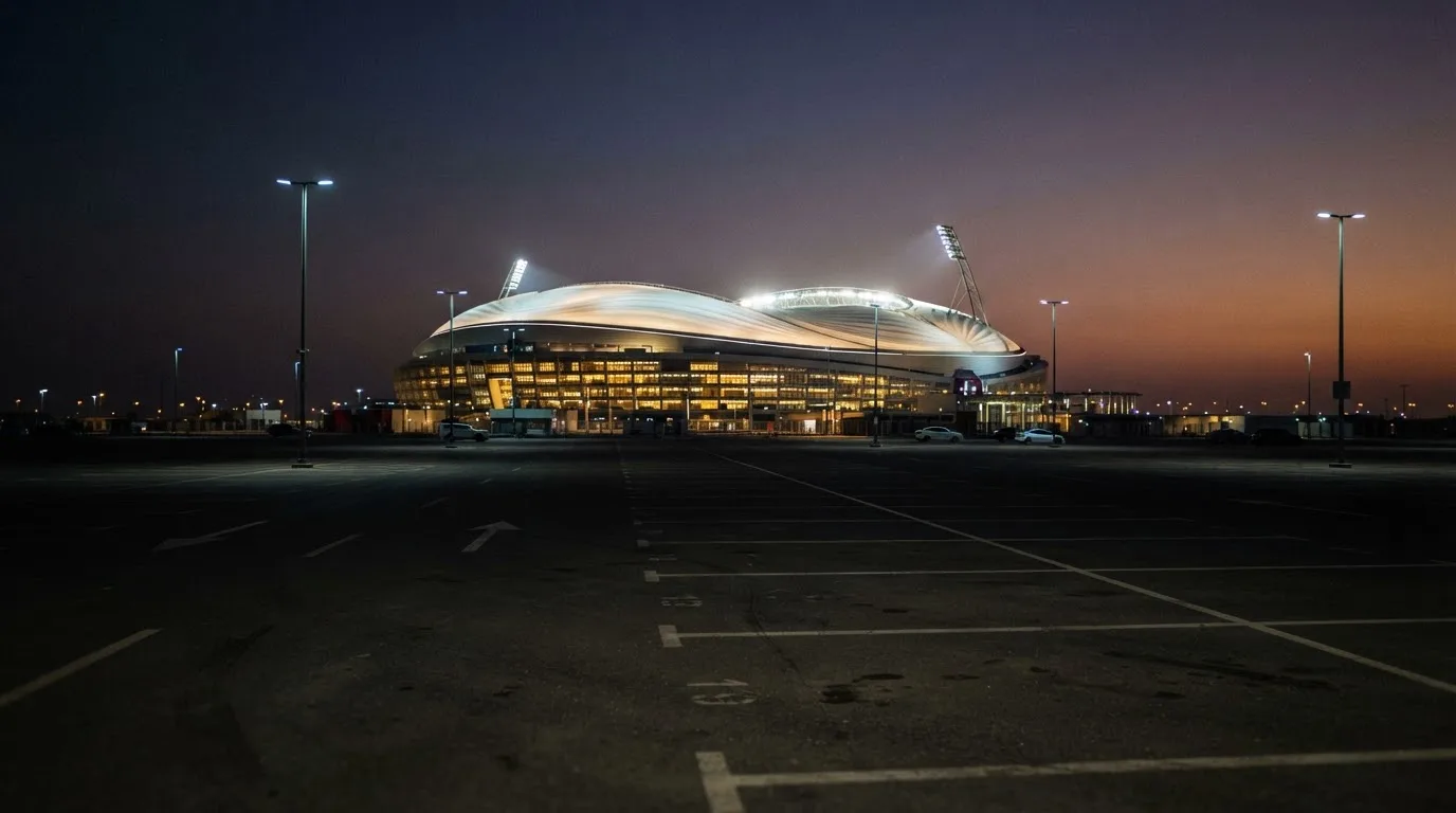 Ein Stadion unter Flutlicht aus großer Entfernung bei Einbruch der Dunkelheit, davor ein stiller Parkplatz.