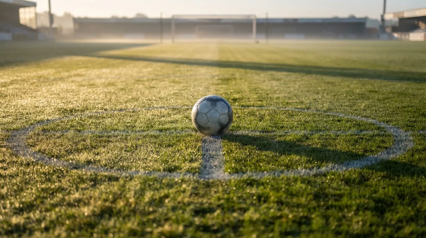 Ein Fußball auf dem Mittelkreis eines leeren Rasenplatzes im frühen Morgenlicht.