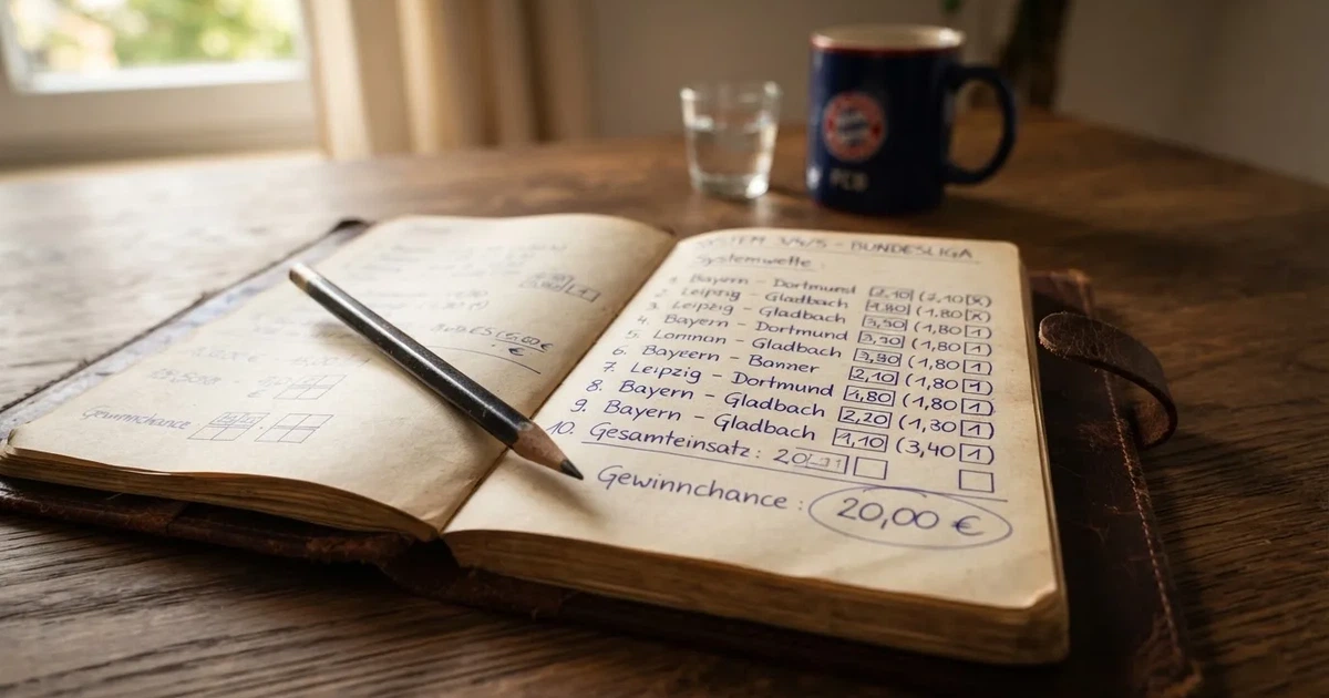 Ein Notizbuch mit handschriftlichen Zahlenreihen und Kästchen liegt neben einem Taschenrechner und einem Bleistift auf einem Schreibtisch.