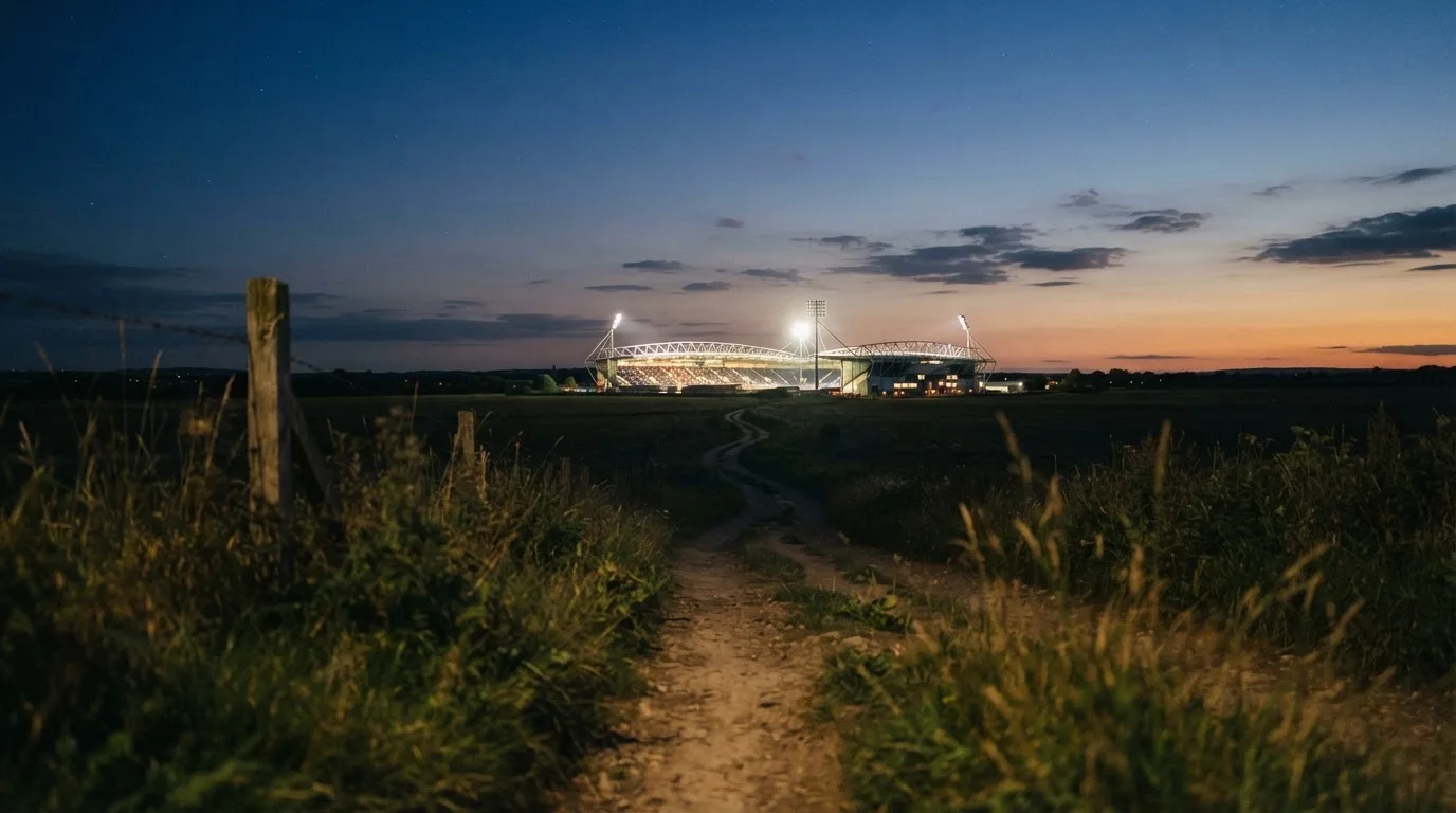 Ein beleuchtetes Stadion aus großer Distanz am Abend, im Vordergrund ein Feldweg.