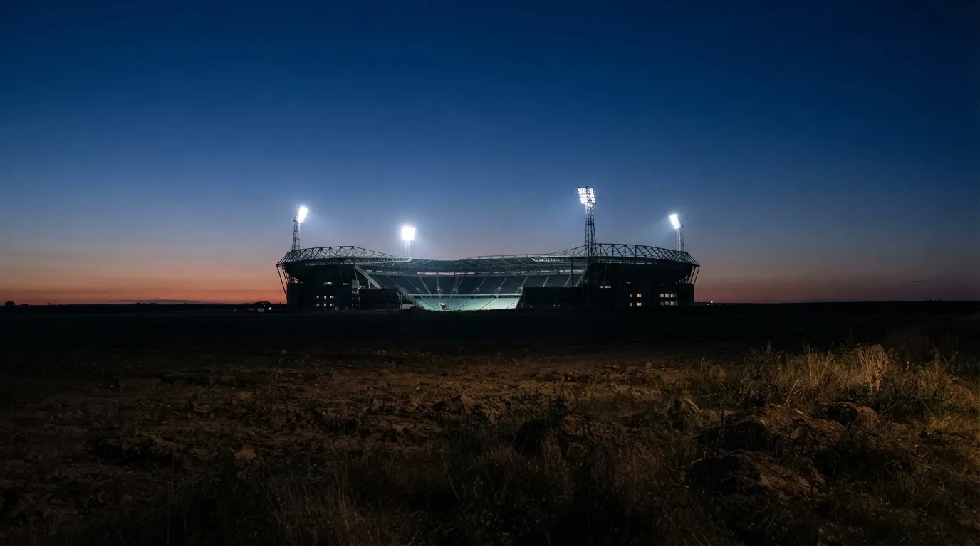 Ein Stadion unter Flutlicht aus großer Entfernung, davor ein dunkler Acker im Abendlicht.