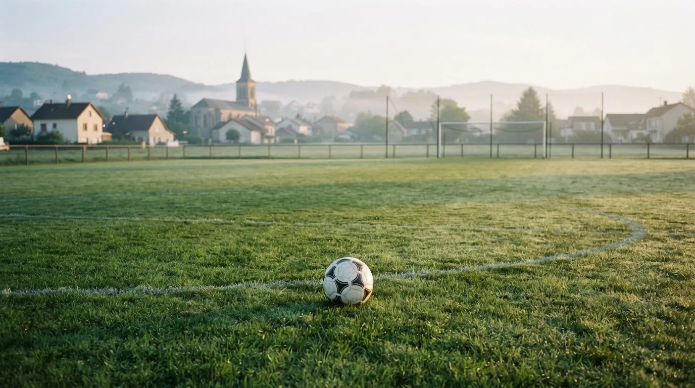 Ein Fußball auf dem Rasen eines leeren Sportplatzes am Rand einer Kleinstadt im Morgenlicht.