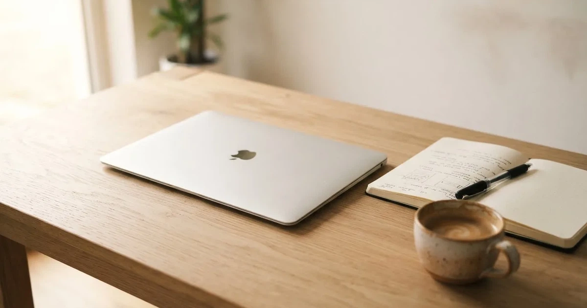Ein Laptop mit geschlossenem Deckel steht neben einer Kaffeetasse und einem Notizbuch auf einem hellen Schreibtisch.