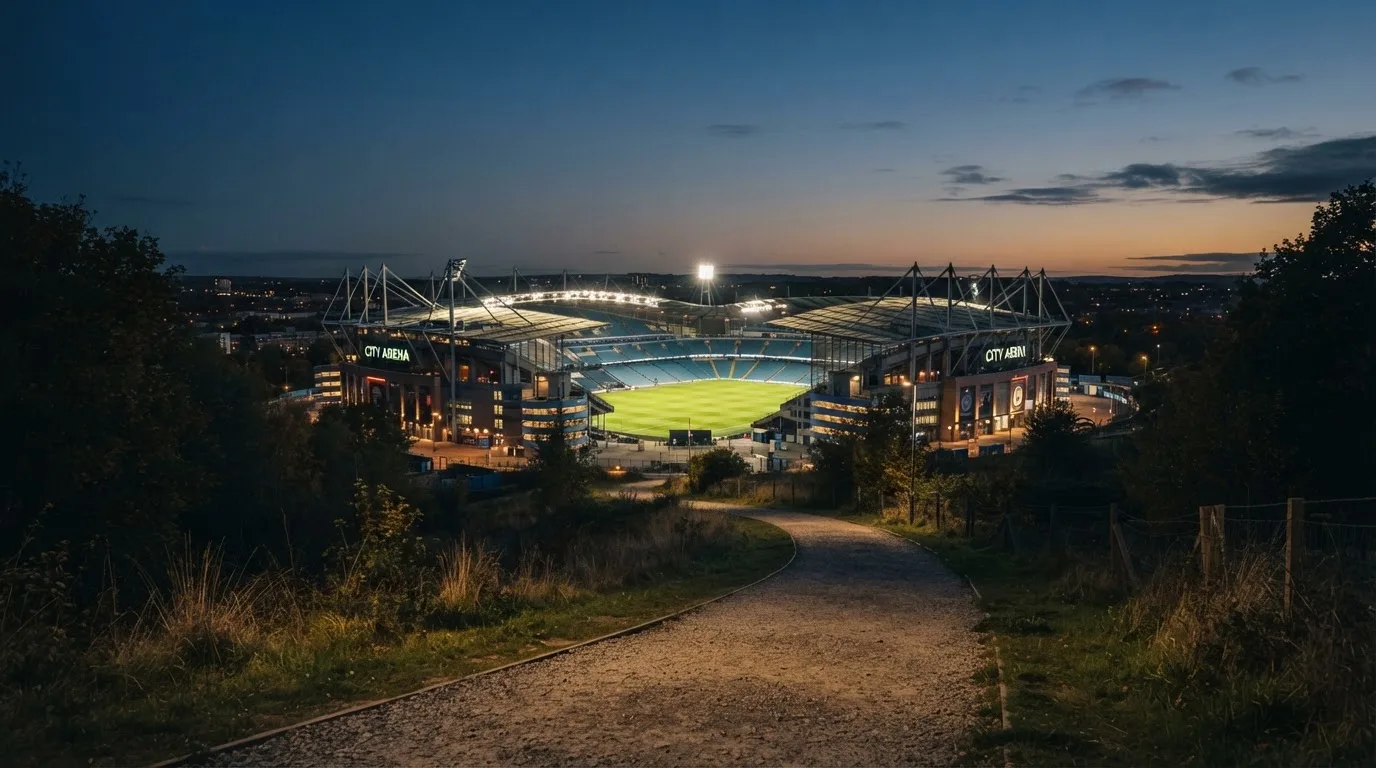 Ein Stadion unter Flutlicht, von einer Anhöhe aus gesehen, davor ein stiller Weg in der Dämmerung.