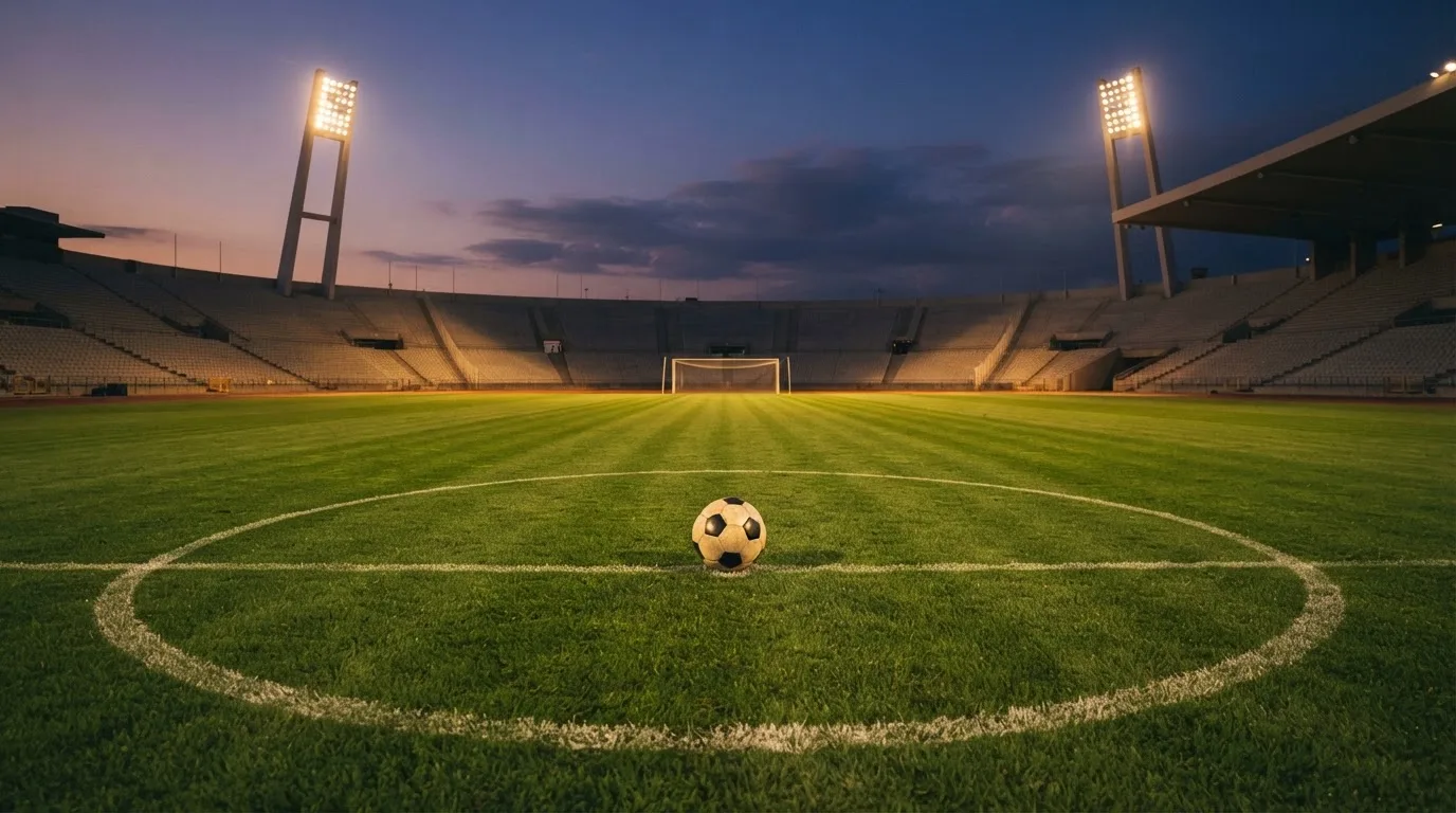 Ein Fußball liegt auf dem Anstoßpunkt eines leeren Rasenplatzes, im Hintergrund ein Stadion unter Flutlicht in der Abenddämmerung.