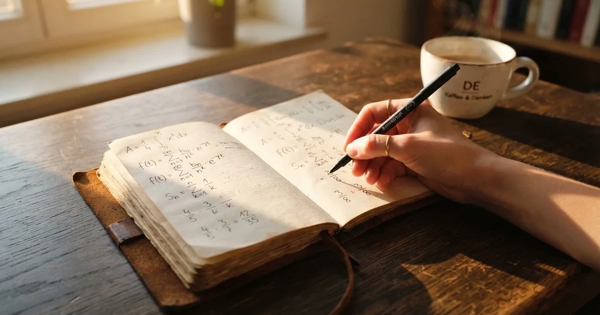 Ein Notizbuch mit handschriftlichen Rechnungen und ein Taschenrechner liegen auf einem Schreibtisch neben einer Tasse Kaffee im Licht des frühen Morgens.