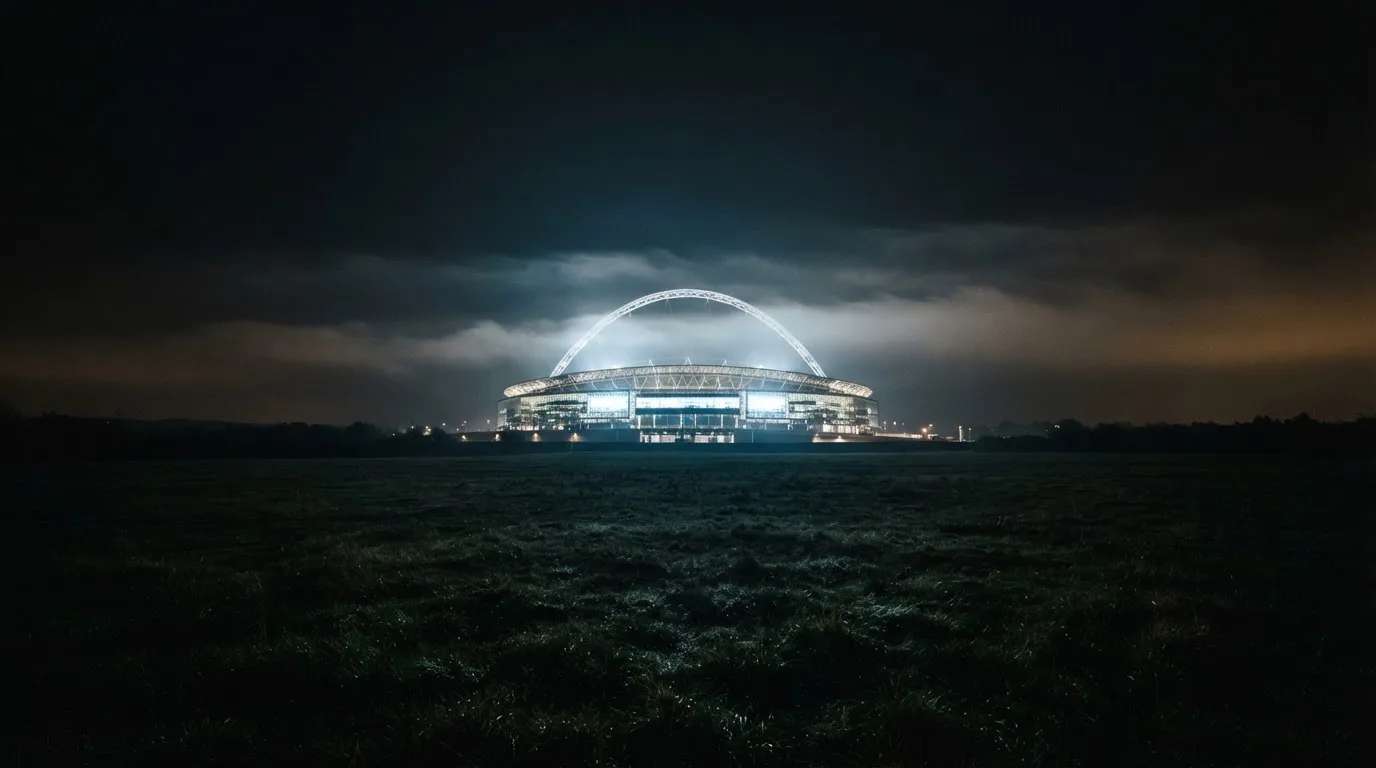 Ein Stadion unter Flutlicht, aus großer Entfernung über eine dunkle Wiese fotografiert, am Himmel zieht Nebel auf.