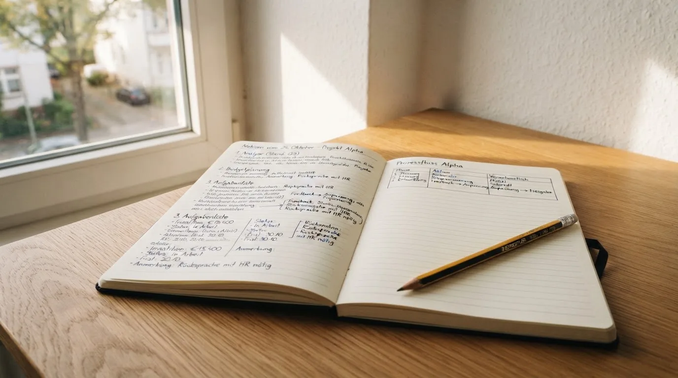 Ein Notizbuch mit handschriftlichen Notizen und ein Bleistift liegen auf einem Schreibtisch am Fenster, draußen fällt Morgenlicht herein.
