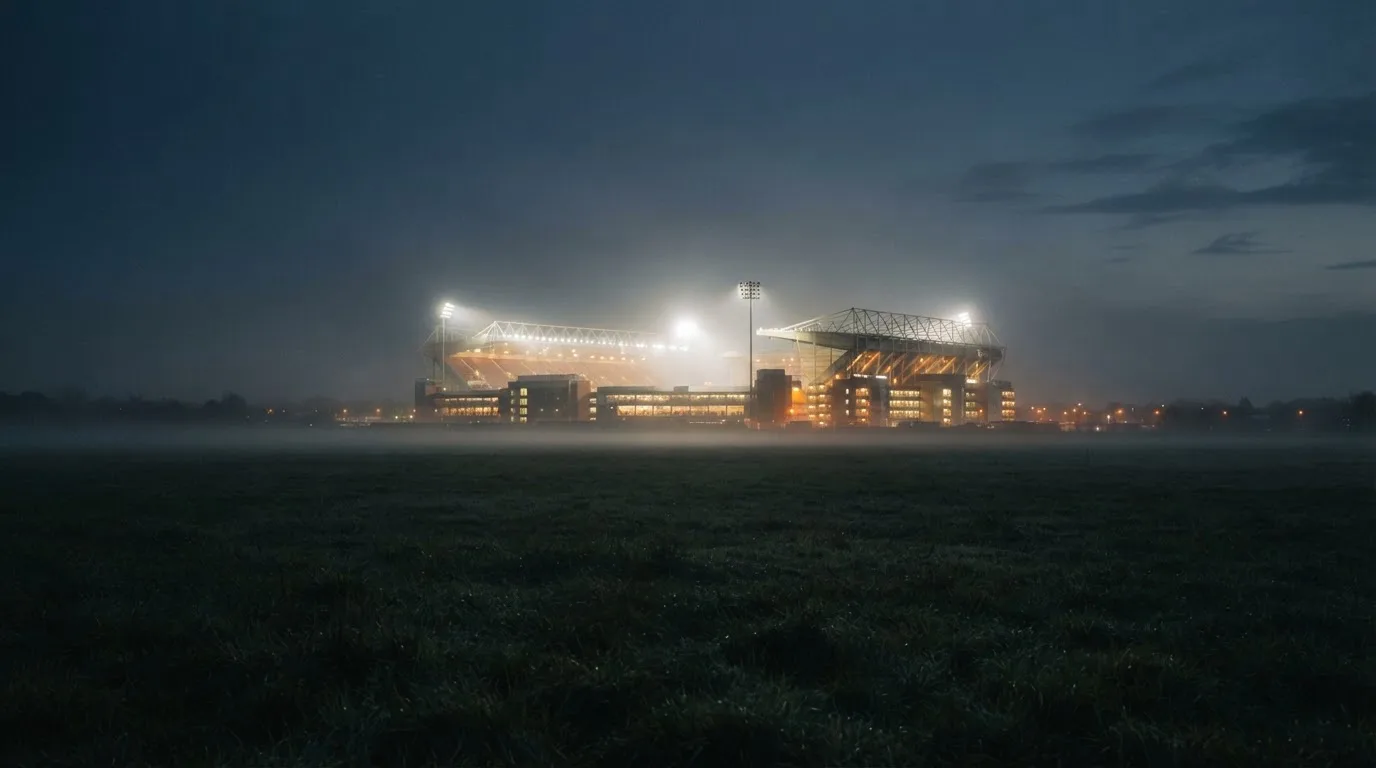 Ein Stadion unter Flutlicht, aus großer Entfernung über eine dunkle Wiese fotografiert, am Himmel zieht Nebel auf.