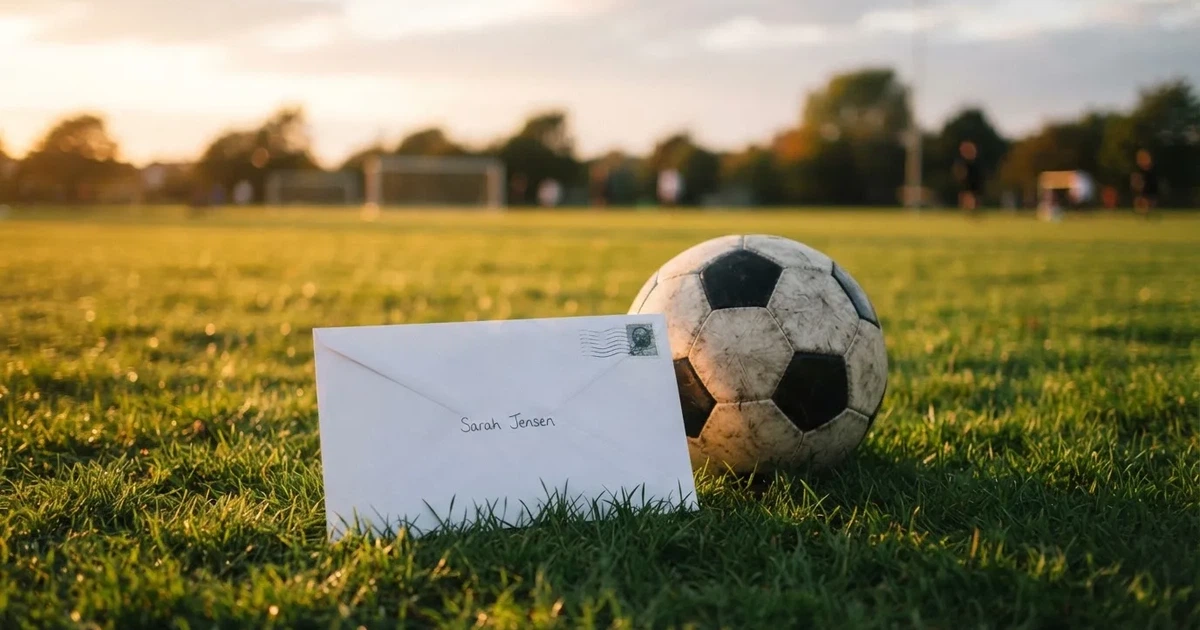 Ein verschlossener leerer Briefumschlag liegt neben einem Fußball auf grünem Rasen im warmen Licht des Nachmittags.