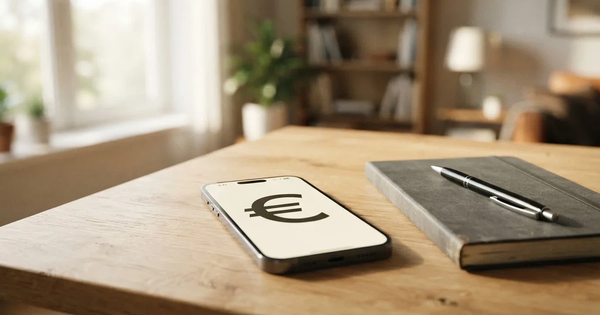 Ein Smartphone liegt neben einem Notizbuch und einem Kugelschreiber auf einem hellen Schreibtisch, das Display ist ausgeschaltet.