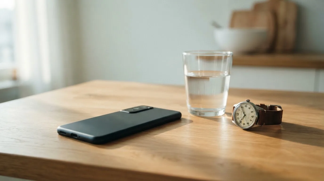 Ein Smartphone liegt mit dem Display nach unten auf einem Küchentisch, daneben stehen ein Glas Wasser und eine Armbanduhr.