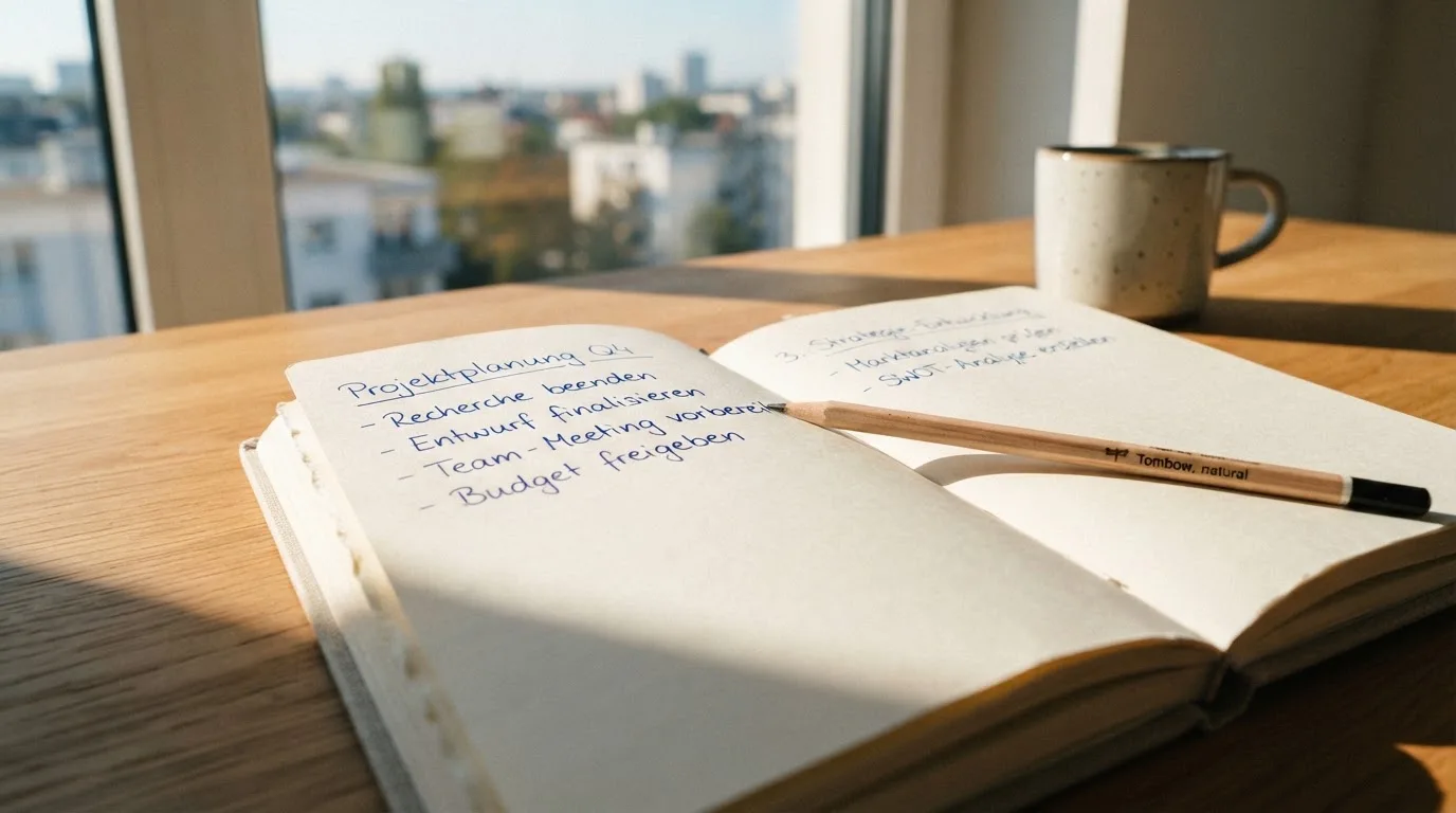 Ein Notizbuch mit handschriftlichen Notizen und ein Bleistift liegen auf einem Schreibtisch am Fenster, draußen fällt Morgenlicht herein.