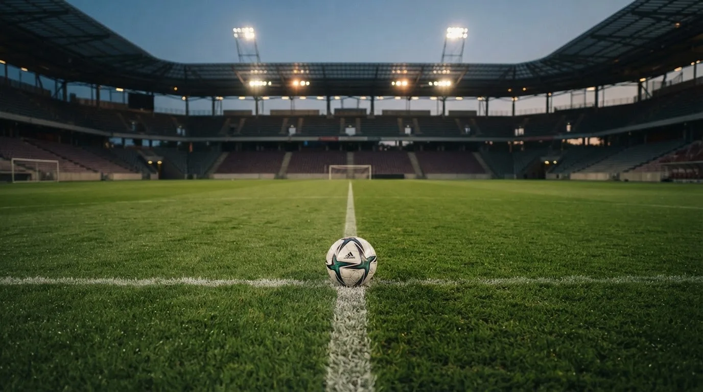 Ein Fußball liegt auf dem Rasen eines leeren Platzes, im Hintergrund ein Stadion unter Flutlicht in der Abenddämmerung.