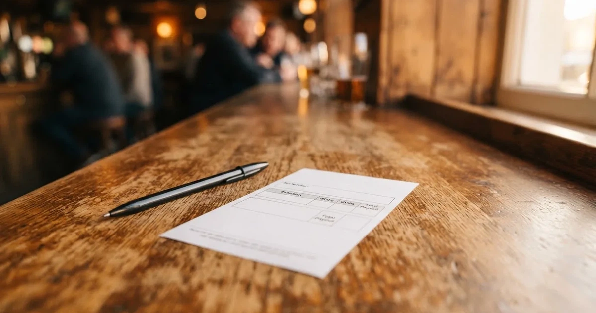 Ein leerer Wettschein aus Papier liegt neben einem Stift auf einer hölzernen Theke, weiches Licht fällt von der Seite ein.