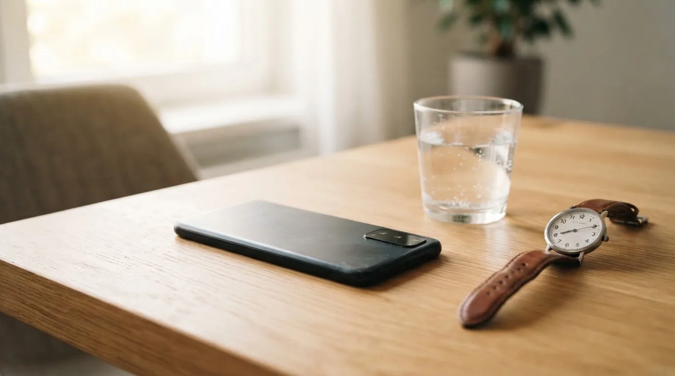 Ein Smartphone liegt mit dem Display nach unten auf einem Küchentisch, daneben stehen ein Glas Wasser und eine Armbanduhr.