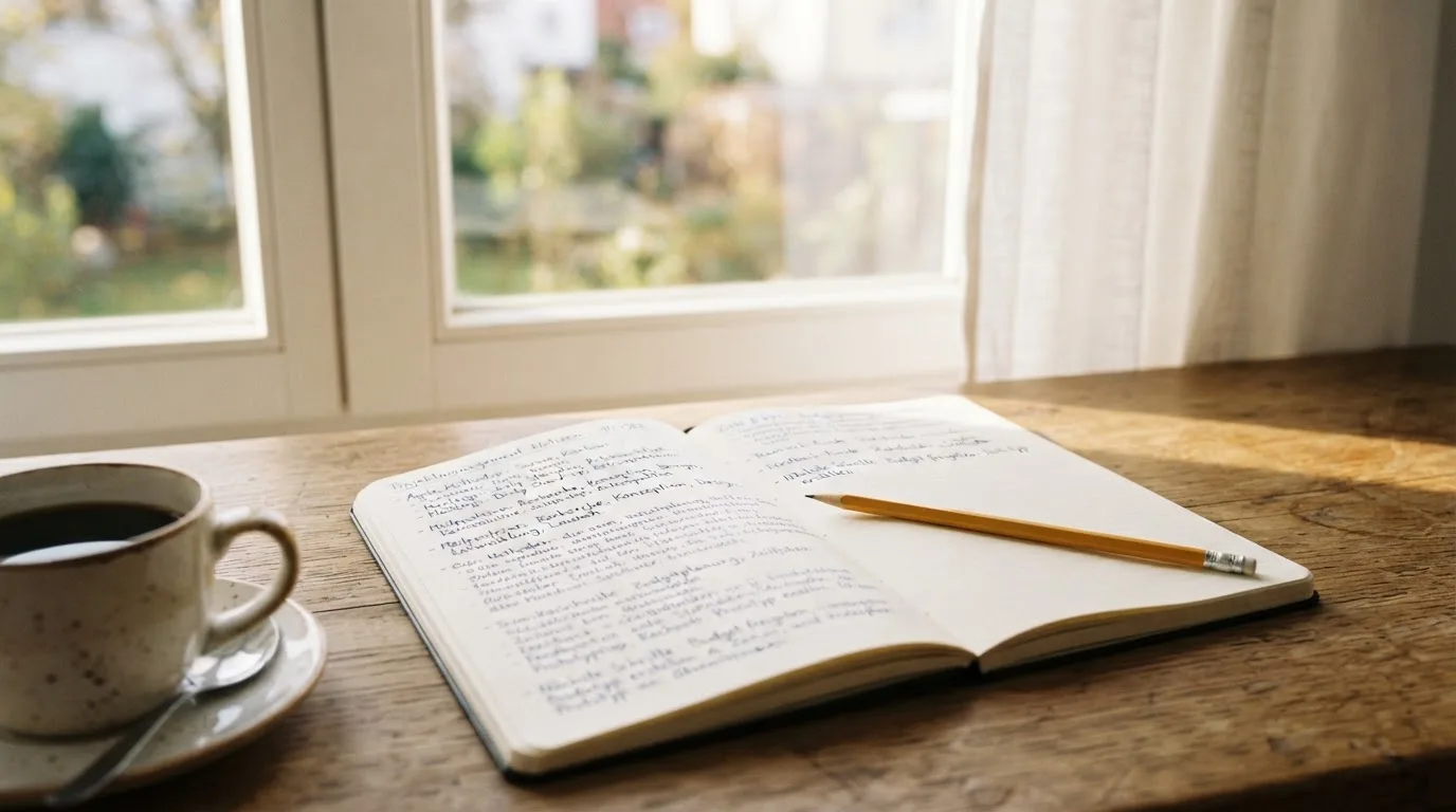 Ein Notizbuch mit handschriftlichen Notizen und ein Bleistift liegen auf einem Schreibtisch am Fenster, draußen fällt Morgenlicht herein.