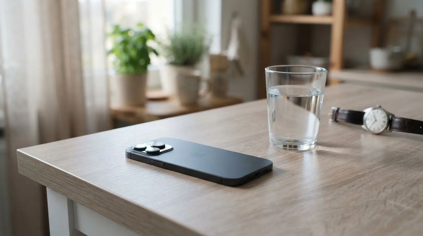 Ein Smartphone liegt mit dem Display nach unten auf einem Küchentisch, daneben stehen ein Glas Wasser und eine Armbanduhr.