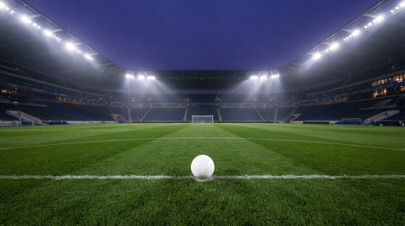 Ein Fußball liegt auf dem Anstoßpunkt eines leeren Rasenplatzes, im Hintergrund steht ein Stadion unter Flutlicht in der Dämmerung.