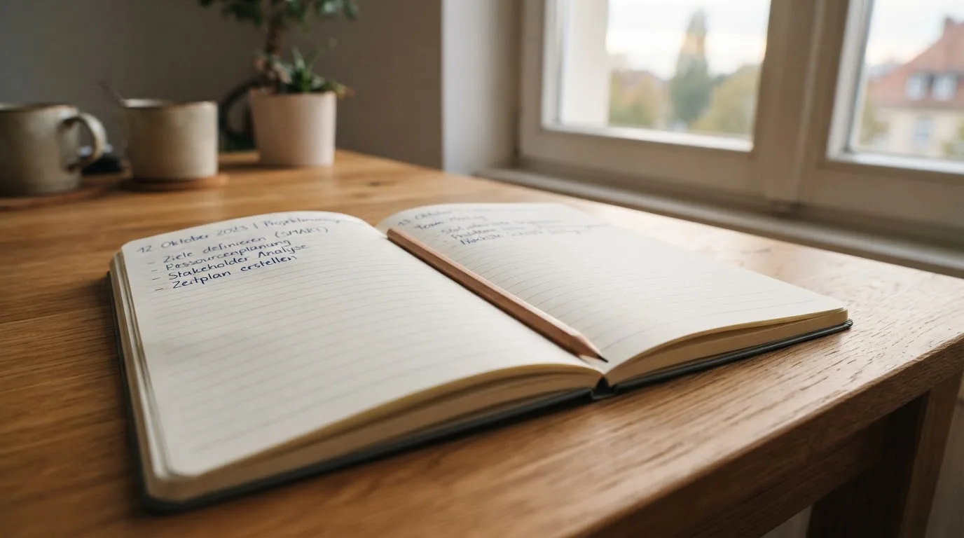 Ein Notizbuch mit handschriftlichen Notizen und ein Bleistift liegen auf einem Schreibtisch am Fenster, draußen fällt Morgenlicht herein.