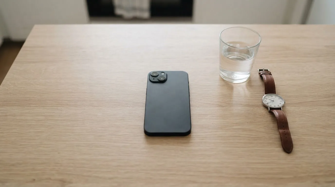 Ein Smartphone liegt mit dem Display nach unten auf einem Küchentisch, daneben stehen ein Glas Wasser und eine Armbanduhr.