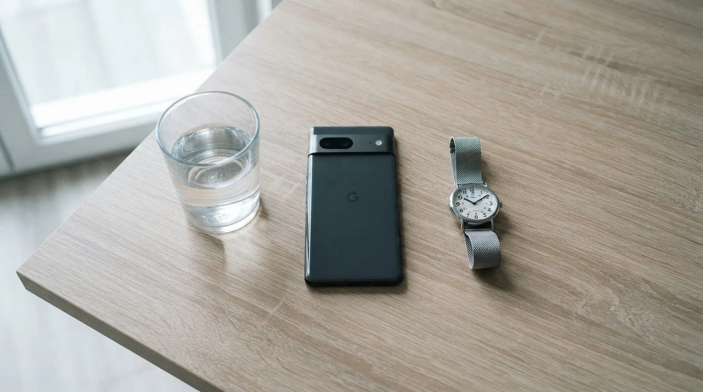 Ein Smartphone liegt mit dem Display nach unten auf einem Küchentisch, daneben stehen ein Glas Wasser und eine Armbanduhr.