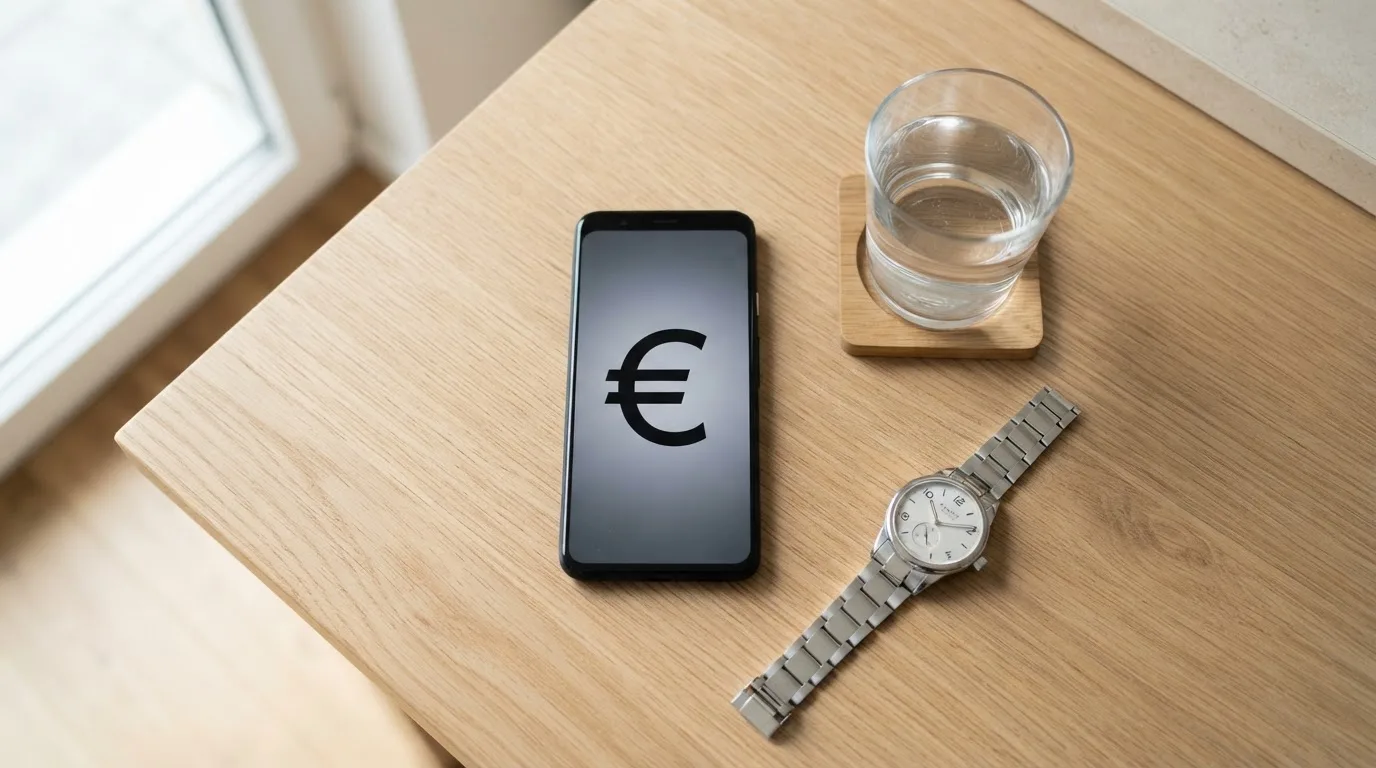 Ein Smartphone liegt mit dem Display nach unten auf einem Küchentisch, daneben stehen ein Glas Wasser und eine Armbanduhr.