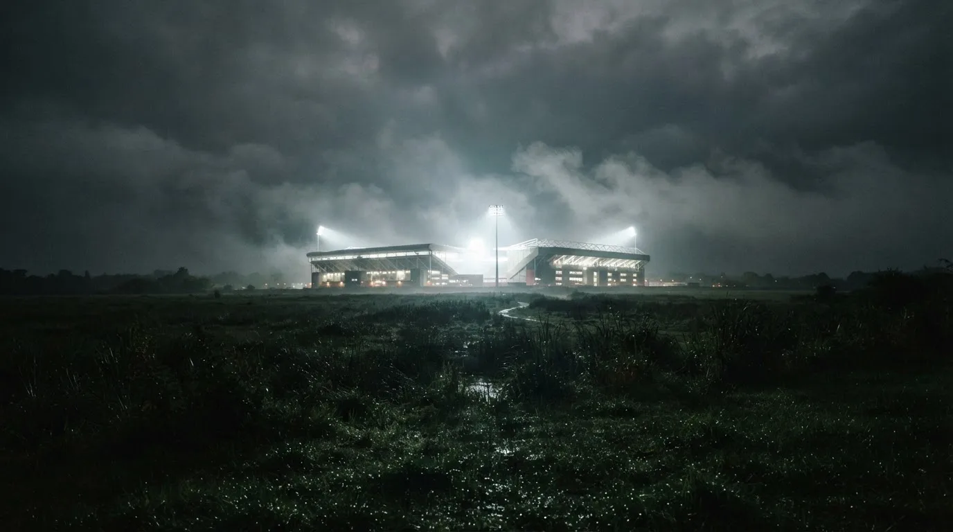 Ein Stadion unter Flutlicht, aus großer Entfernung über eine dunkle Wiese fotografiert, am Himmel zieht Nebel auf.