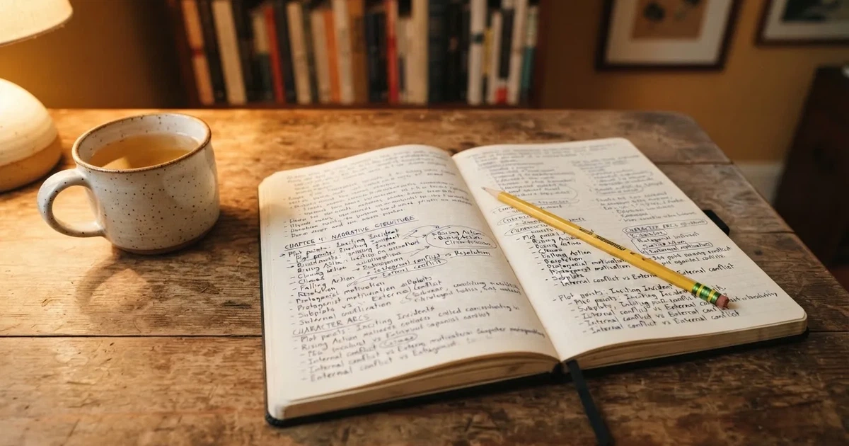 Ein Notizbuch mit handschriftlichen Notizen und Pfeilen liegt aufgeschlagen auf einem Schreibtisch, daneben ein Bleistift und eine Tasse Tee.