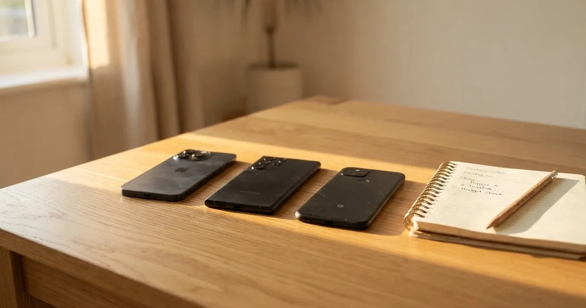 Mehrere Smartphones liegen mit dem Display nach unten neben einem Notizblock und einem Bleistift auf einem hellen Holztisch, seitliches Morgenlicht.