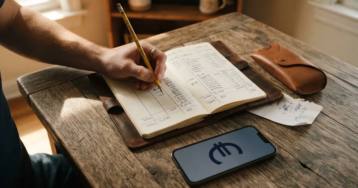 Ein Notizbuch mit handschriftlichen Spalten und Strichlisten liegt neben einem Taschenrechner und einem Bleistift auf einem Schreibtisch.