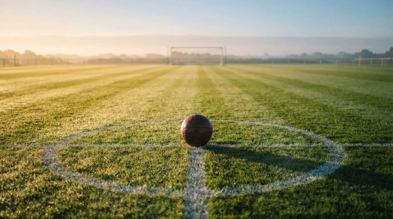 Ein Fußball liegt auf dem Anstoßkreis eines leeren Rasenplatzes im Licht der Morgensonne.