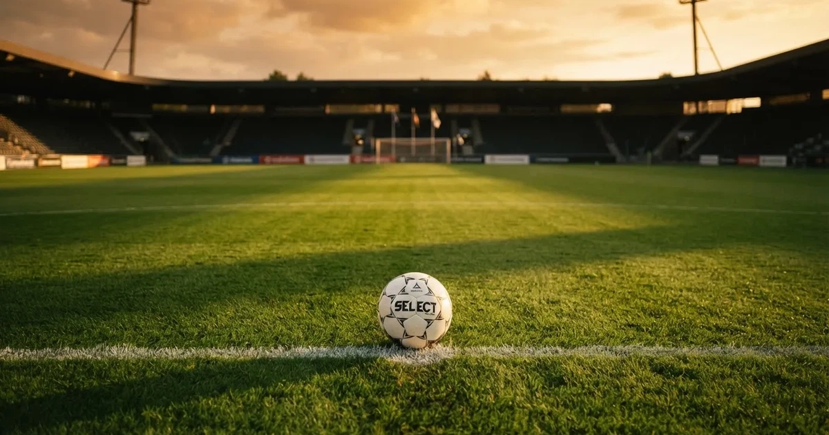 Ein Fußballplatz mit frisch gemähtem Rasen im Abendlicht, ein Ball liegt im Strafraum, im Hintergrund unscharf eine leere Tribüne.