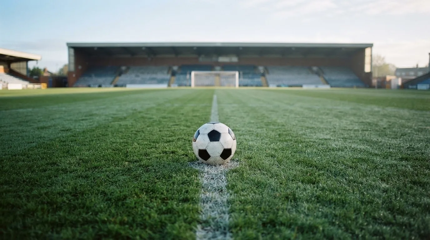 Ein Fußball liegt auf dem Anstoßpunkt eines leeren Rasenplatzes im frühen Morgenlicht, dahinter eine leere Tribüne.
