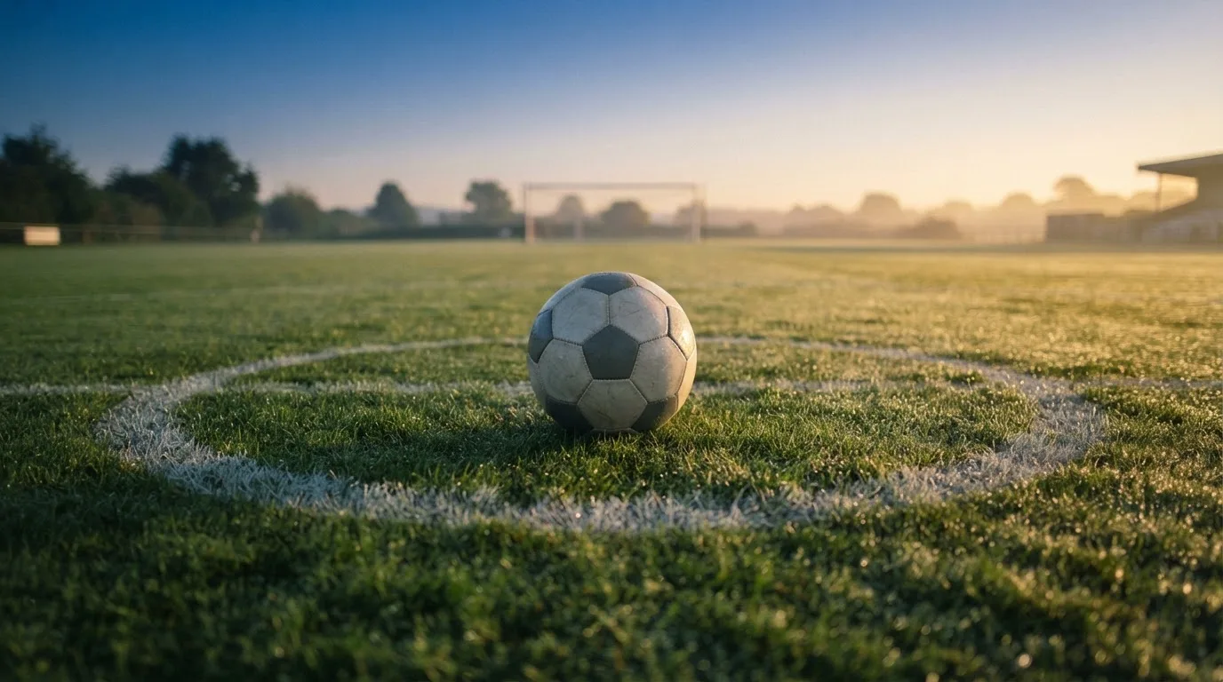 Ein Fußball ruht auf dem Mittelkreis eines leeren Rasenplatzes in der Morgendämmerung, Tau liegt auf dem Gras.