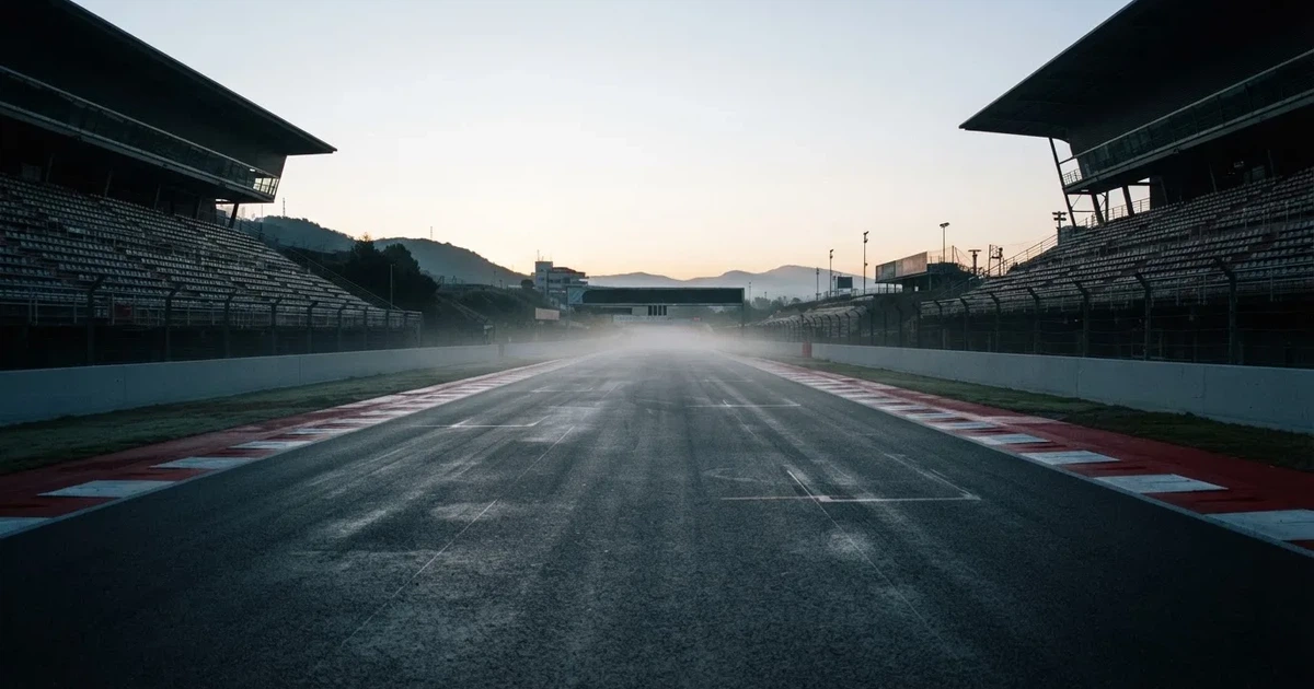 Eine leere Rennstrecke mit rot-weißen Randsteinen im frühen Morgenlicht, auf dem Asphalt liegt dünner Nebel, keine Fahrzeuge.