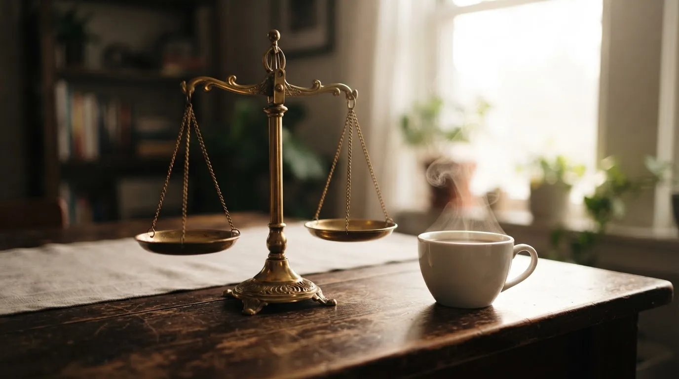 Eine Messingwaage steht auf einem Holzschreibtisch neben einer Kaffeetasse, im Hintergrund ein helles Fenster.