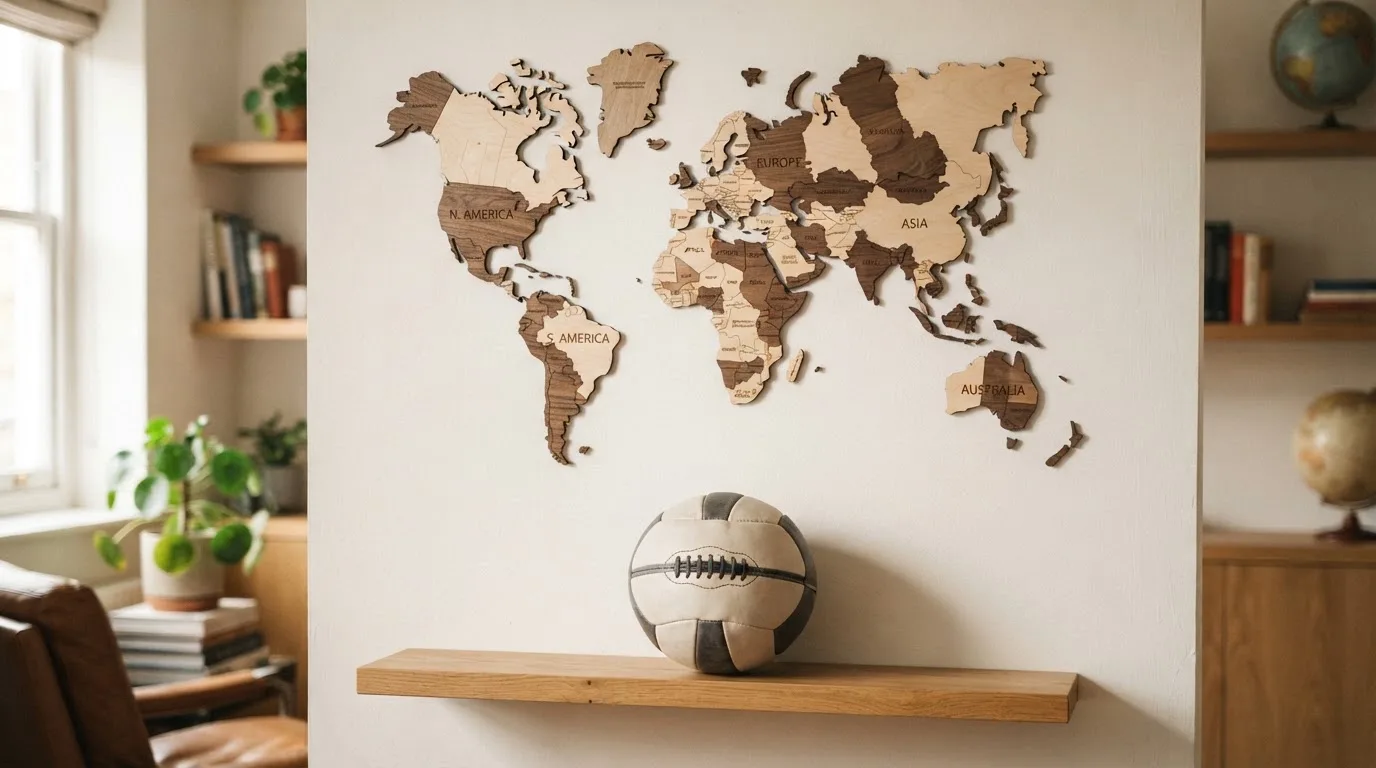 Eine Weltkarte aus Holz hängt an einer Wand, davor liegt ein Fußball auf einem Regal, ohne erkennbare Beschriftung.